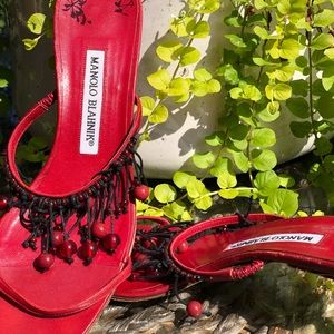 MANOLO BLAHNIK vintage red heels with striped detailing & beads